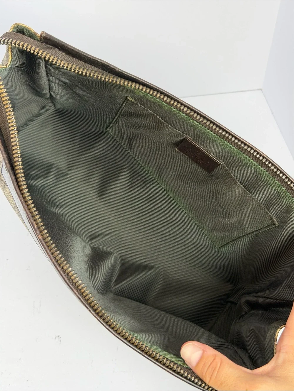 Vintage Gucci GG Supreme Monogram Canvas Clutch with Brown Leather Trim